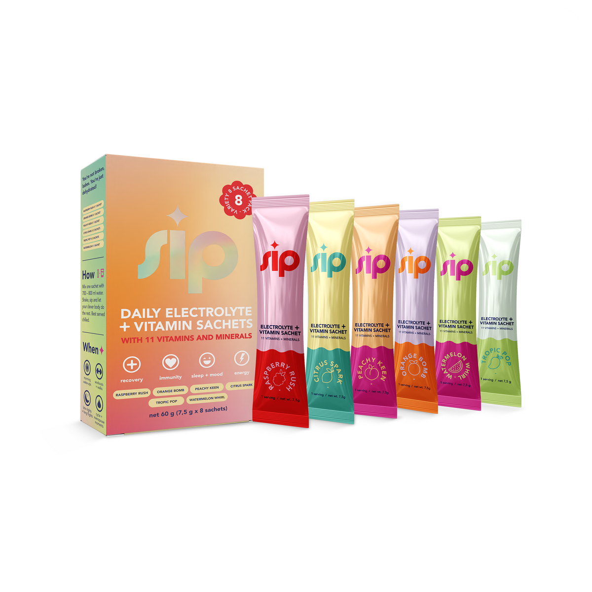 SIP Daily Electrolyte & Vitamin Sachets Variety Pack 8s