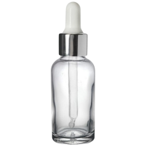Essentially Natural Clear Glass Bottle With Pipette White Silver Collar 30ml